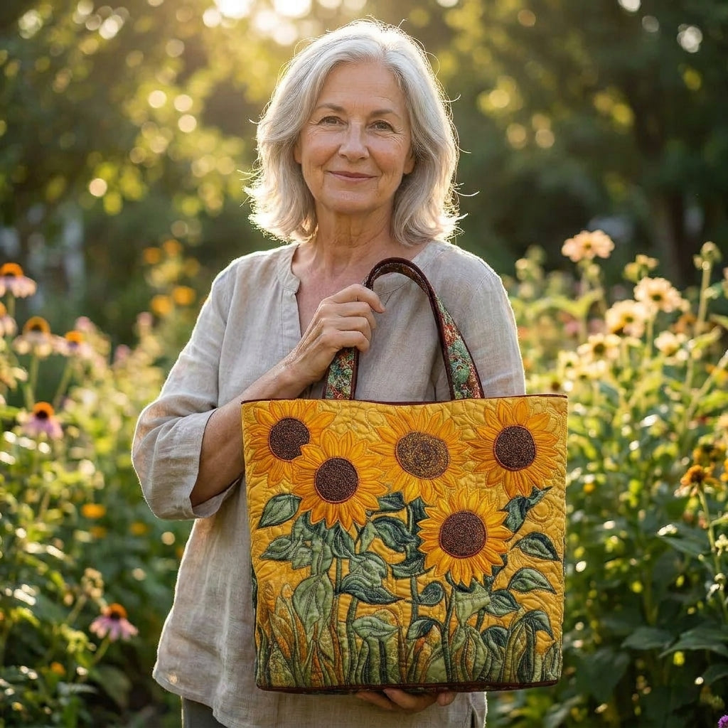 Zonnebloemen — ambachtelijke gewatteerde tas