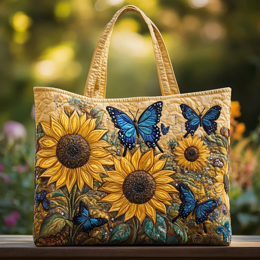 Zonnebloemen en blauwe vlinders — ambachtelijke gewatteerde tas