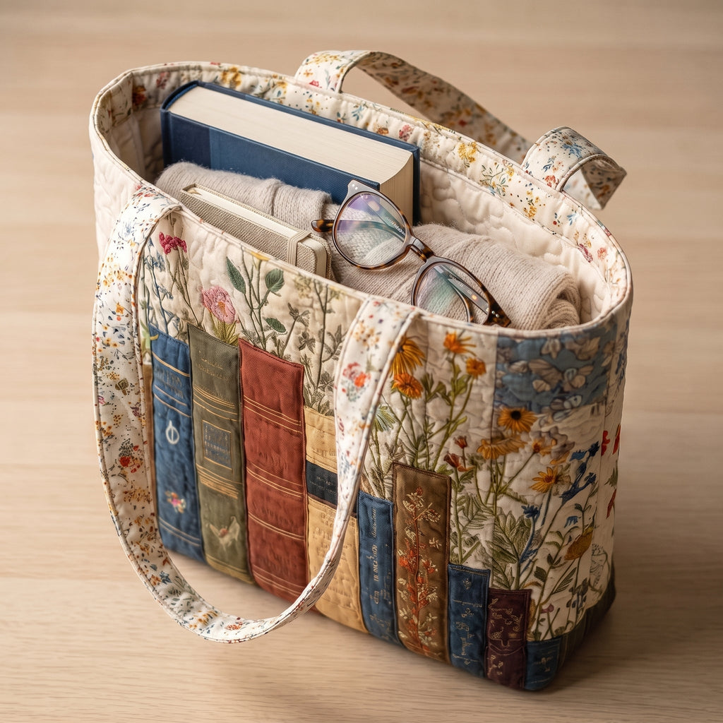 Boeken en bloemen — ambachtelijke gewatteerde tas