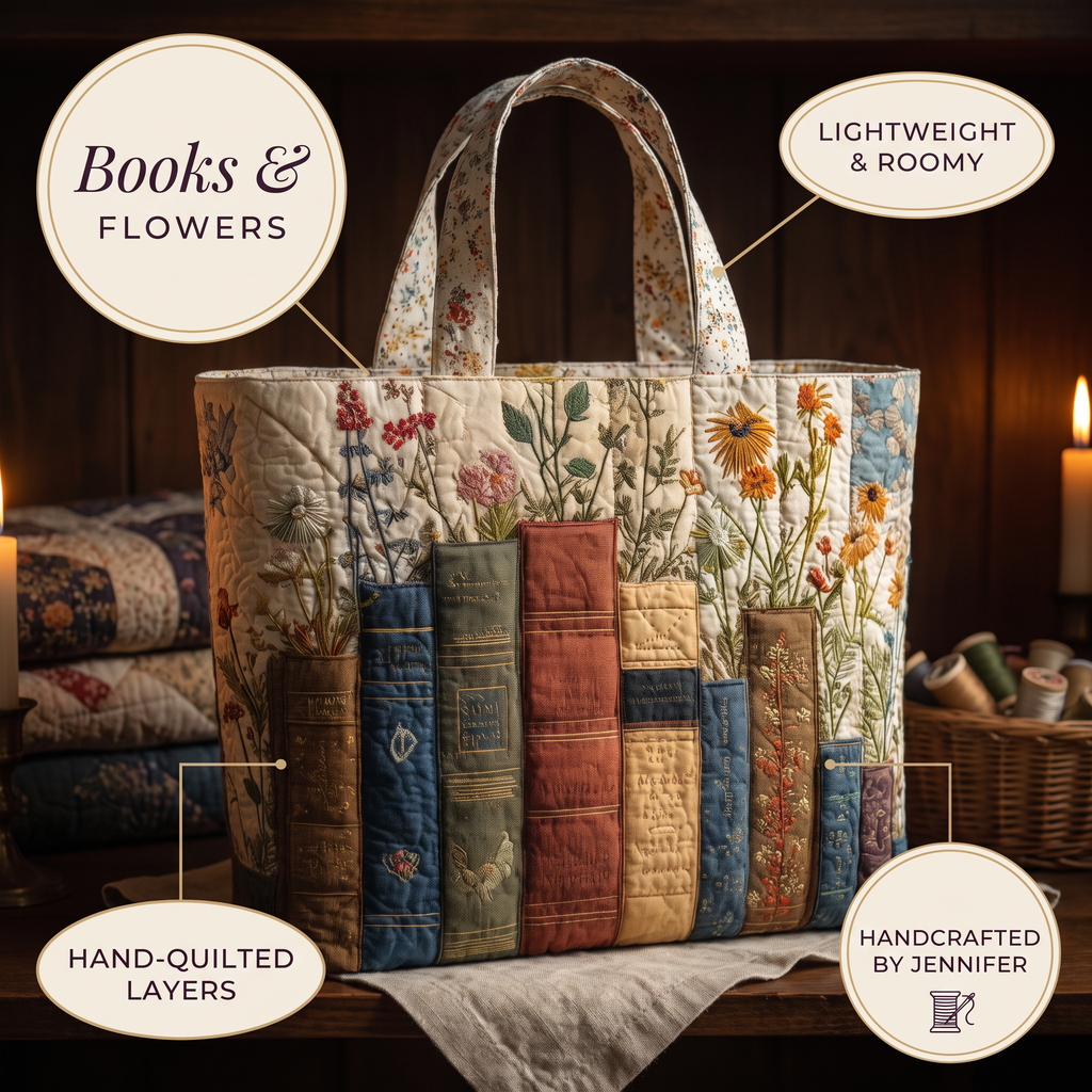Boeken en bloemen — ambachtelijke gewatteerde tas