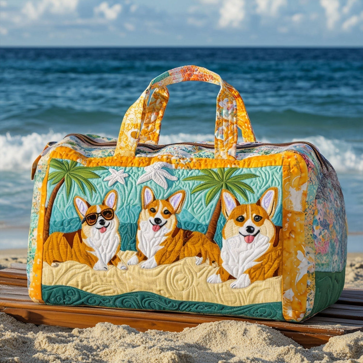 Corgi op het strand — gewatteerde weekendtas