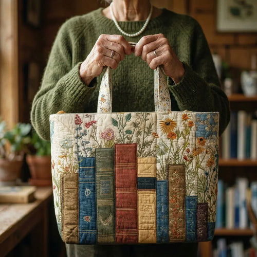 Boeken en bloemen — ambachtelijke gewatteerde tas