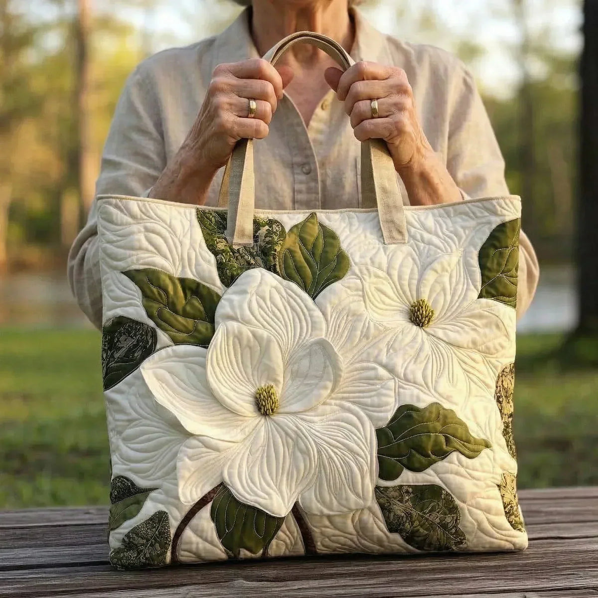Elegante witte lelies — ambachtelijke gewatteerde tas
