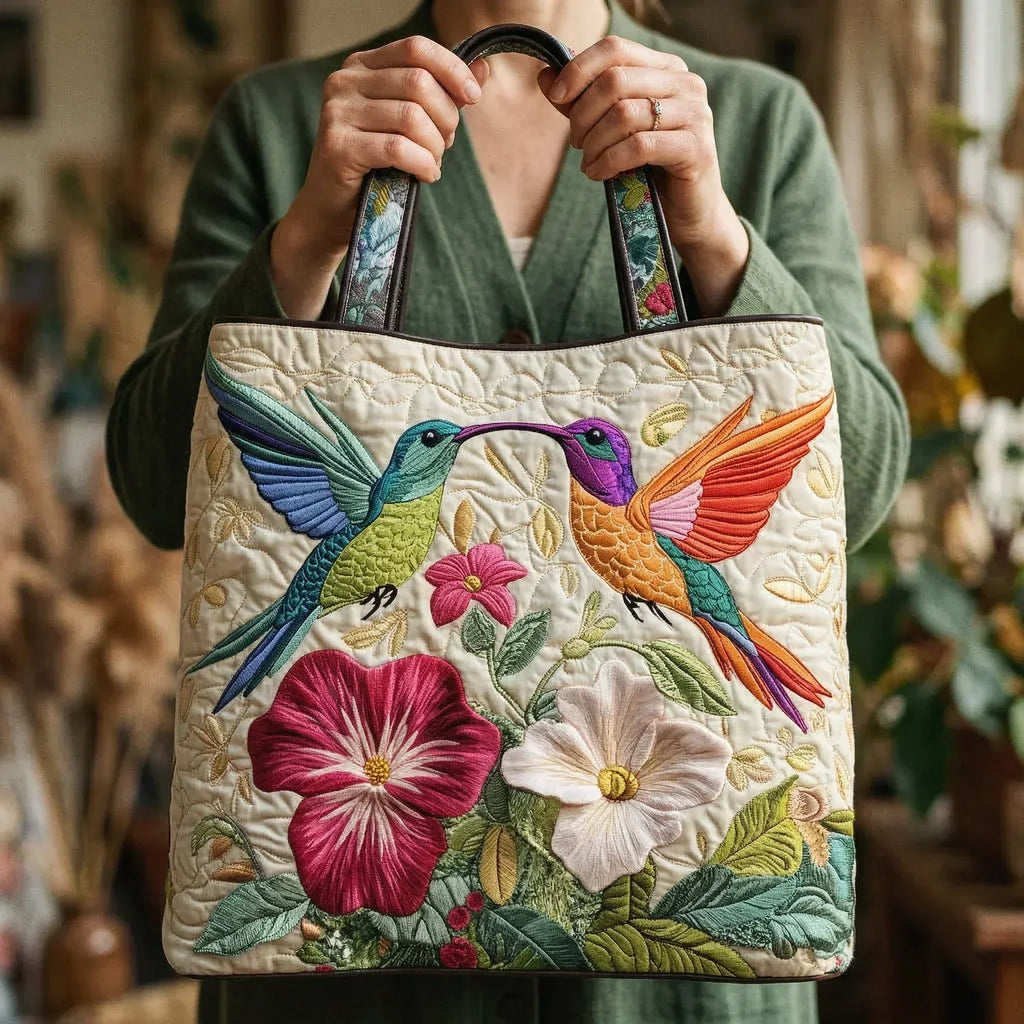 Kolibrie en witte bloemen — ambachtelijke gewatteerde tas