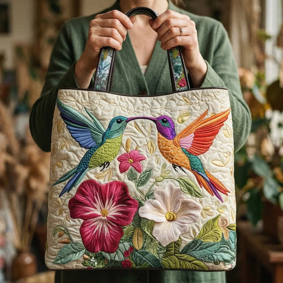 Kolibrie en witte bloemen — ambachtelijke gewatteerde tas