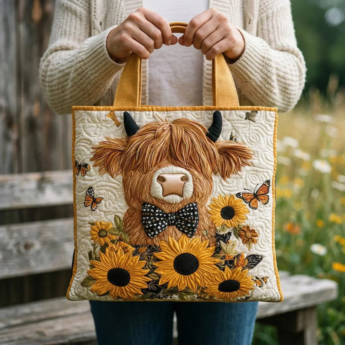 Schotse hooglander met zonnebloemen — ambachtelijke gewatteerde tas